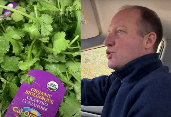 Close-up of fresh organic cilantro with a purple label on the left, and a man with short hair wearing a dark jacket driving a car on the right.