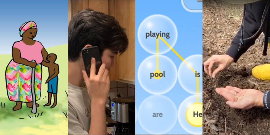 A collage of four images: an illustration of a woman with a child outdoors, a person talking on a phone in a kitchen, a word puzzle game on a screen, and hands planting seeds in soil.