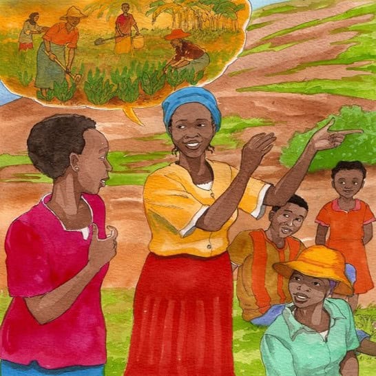 A smiling woman in a yellow blouse gestures and talks to others outdoors, while children and another woman listen. A thought bubble above her shows people farming together in a green field.
