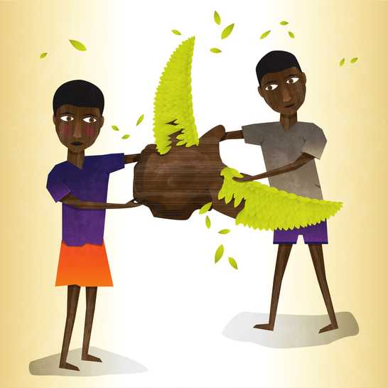 Two children stand facing each other, holding a large brown pot with a green leafy plant growing from it. One child wears a purple shirt and orange shorts; the other wears a gray shirt and purple shorts.
