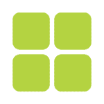 Four large, bright green squares with rounded corners are arranged in a 2x2 grid on a light gray background. The squares are evenly spaced and identical in size and color.