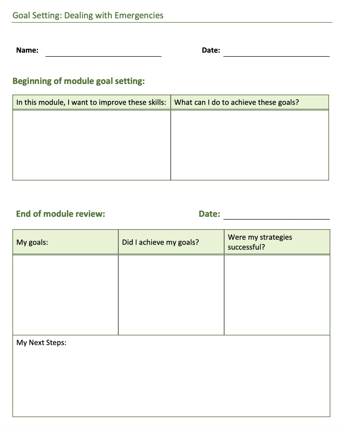 A goal-setting worksheet titled "Goal Setting: Dealing with Emergencies" with sections for name and date. It includes tables for setting and reviewing goals, strategies, achievements, and next steps.