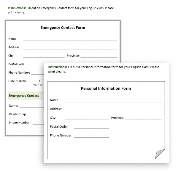 Two forms overlap. The front form is titled "Emergency Contact Form" with fields for name, relationship, address, city, province, postal code, phone, and date of birth. Partially behind is a "Personal Information Form.