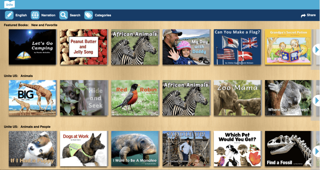 Screenshot of a children's digital library interface displaying book covers, including titles like "Let's Go Camping," "Peanut Butter and Jelly Song," "African Animals," and "Grandpa's Secret Potion.