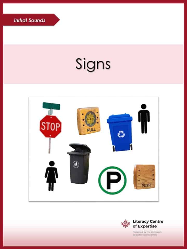 A collage of signs and bins featuring a stop sign, street sign, recycling bin, garbage bin, parking sign, push and pull door signs—all great for teaching Initial Sounds—and a person throwing trash icon.