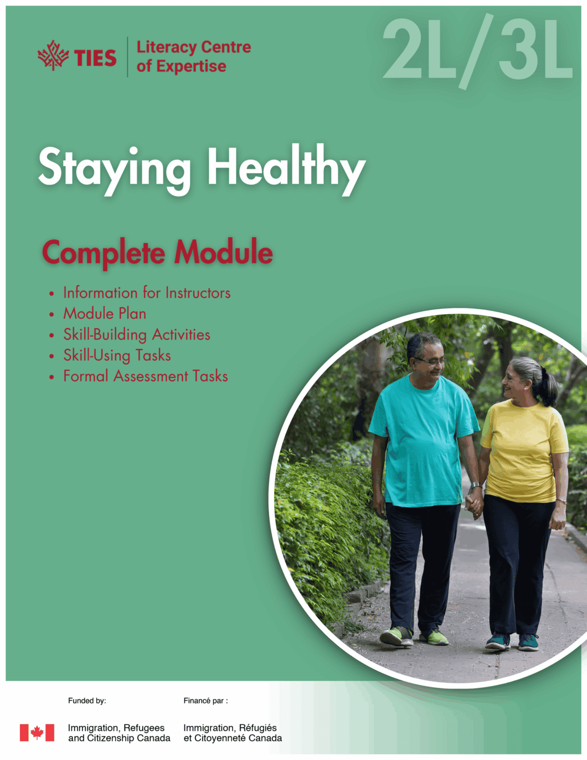 Cover of a “Staying Healthy” module by TIES Literacy Centre. It features an older man and woman walking outdoors, holding hands and smiling, with module details listed on a green background.