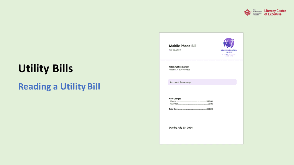 A presentation slide titled "Utility Bills: Reading a Utility Bill" features an example of a mobile phone bill with charges, total amount due, and a due date. The slide background is light green.