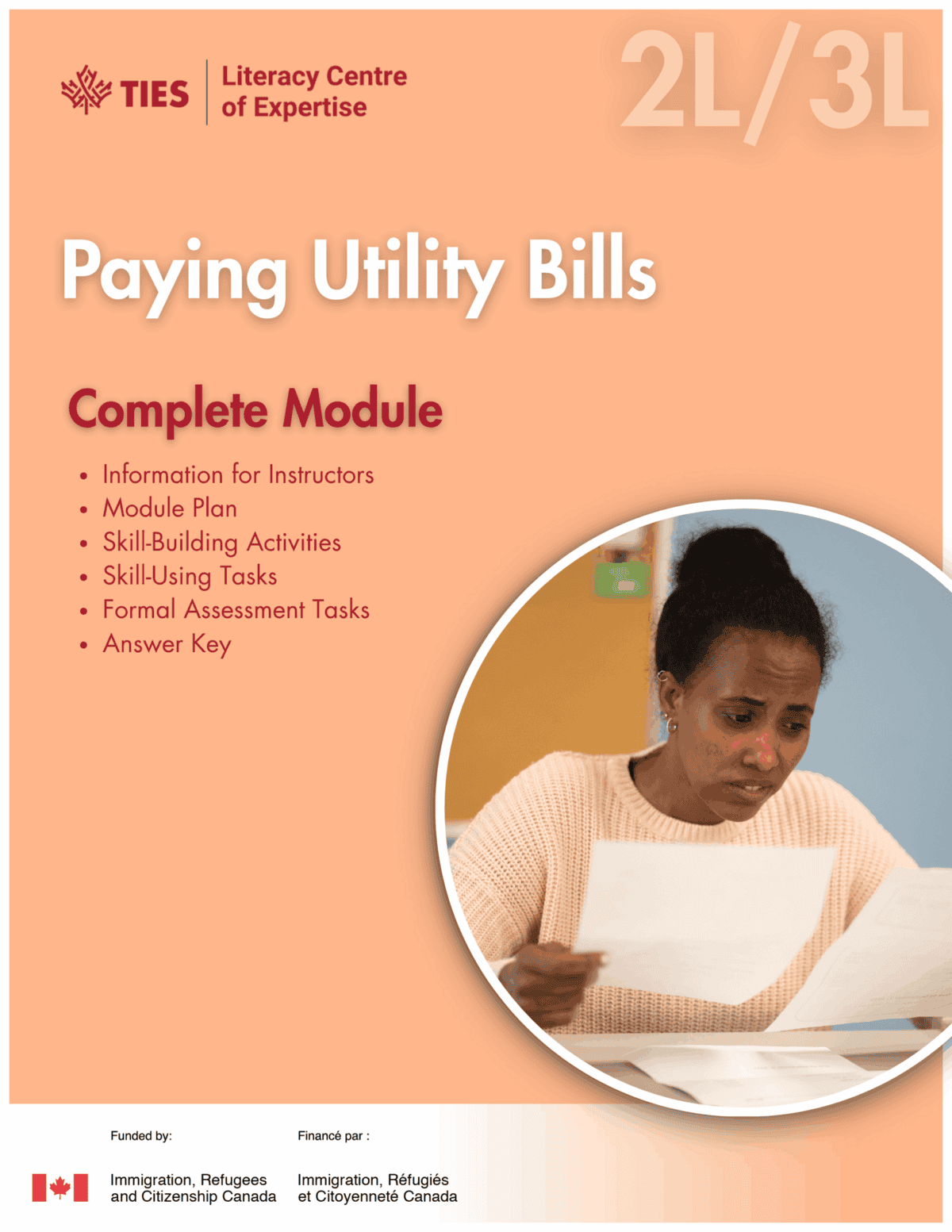 A woman sits at a table looking at documents with a concerned expression. The text on the image reads: "Paying Utility Bills—Complete Module" with a list of included materials. Logos of sponsors are at the bottom.