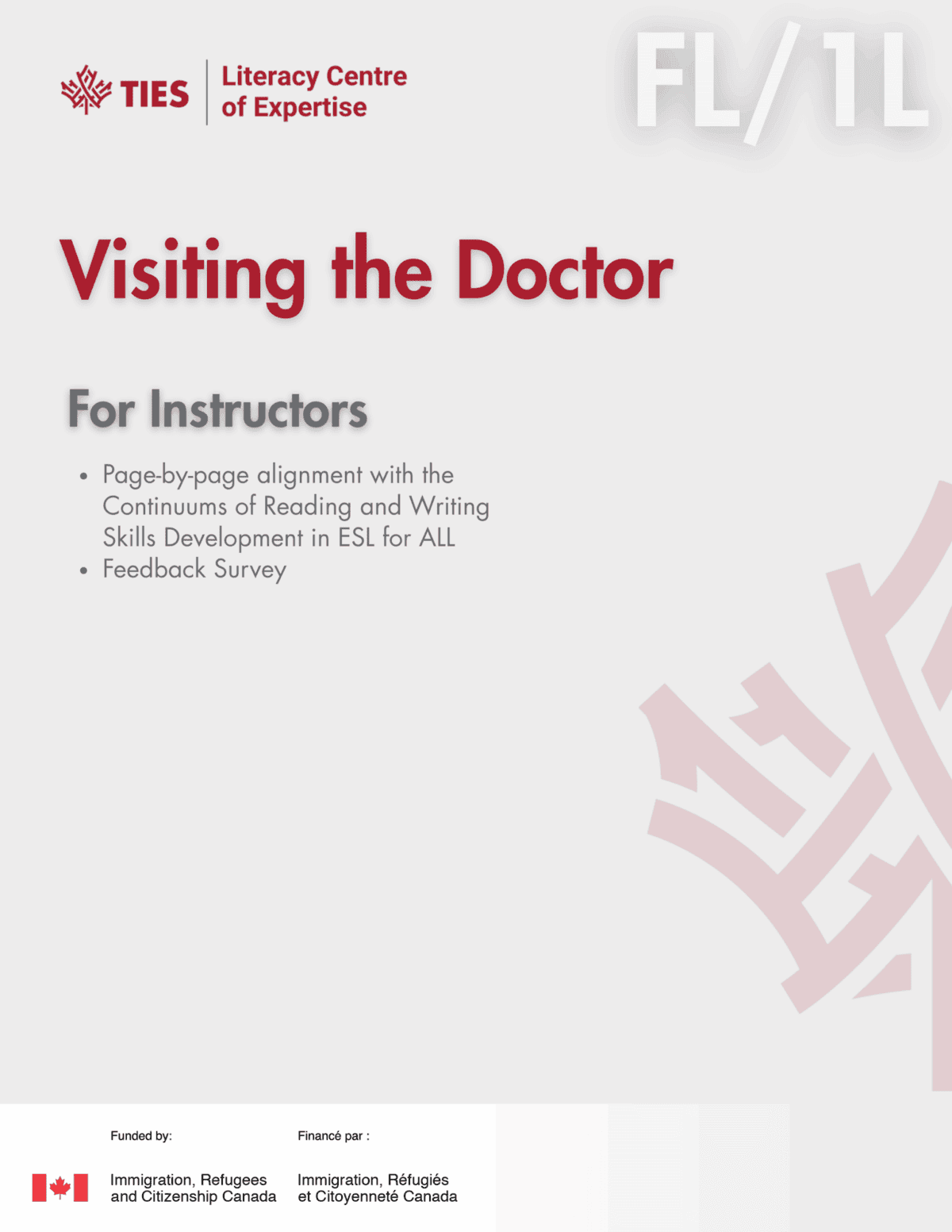 Cover page for a booklet titled "Visiting the Doctor For Instructors" by TIES Literacy Centre of Expertise, funded by Immigration, Refugees and Citizenship Canada, with decorative graphics and logos.