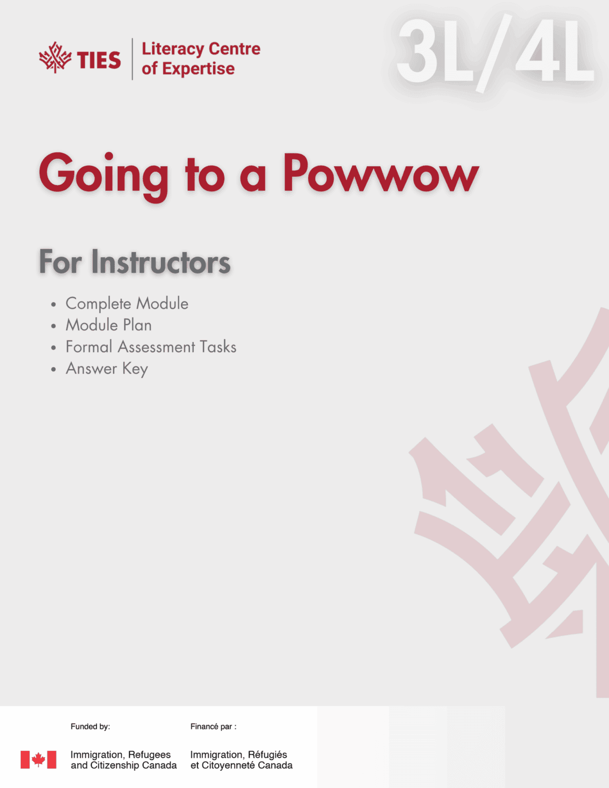 Cover page for "Going to a Powwow: For Instructors" by TIES Literacy Centre of Expertise, labeled 3L/4L, with bulleted points and logos for Immigration, Refugees and Citizenship Canada at the bottom.