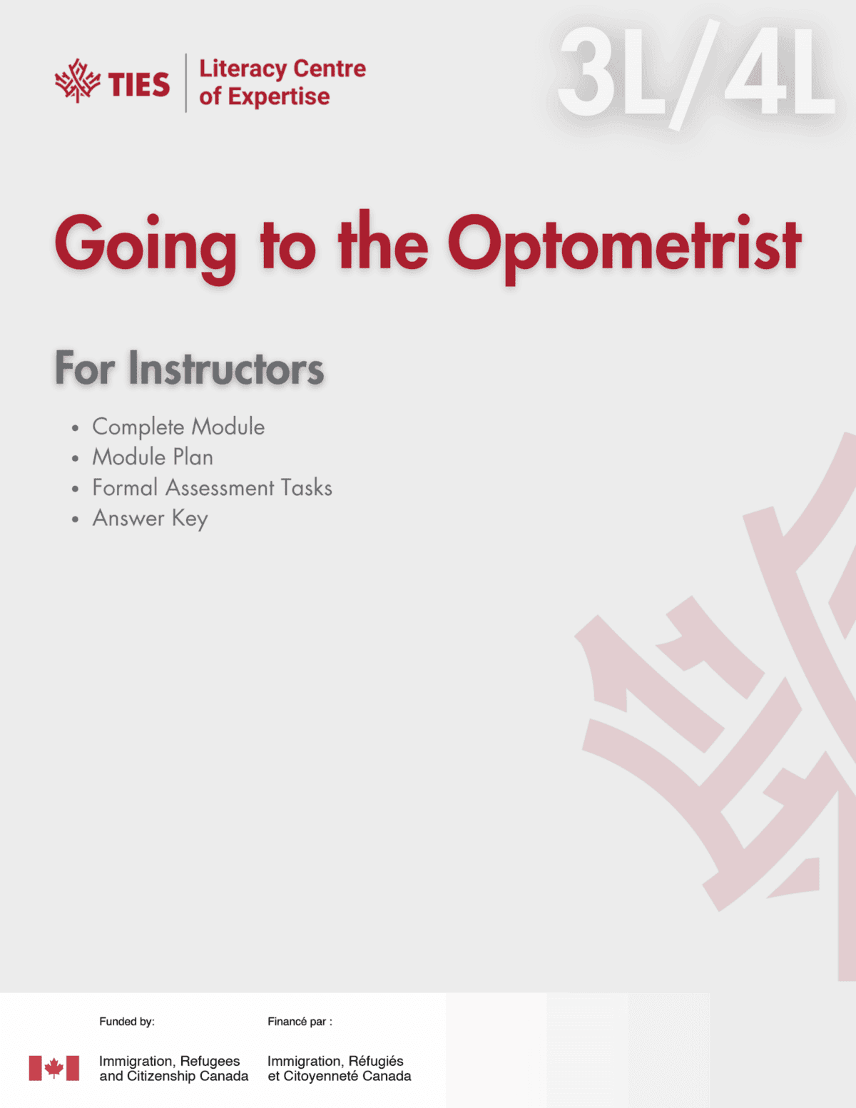 Cover page for an educational module titled "Going to the Optometrist" for instructors, featuring module details. Logos for TIES, Literacy Centre of Expertise, and Government of Canada at the top and bottom.