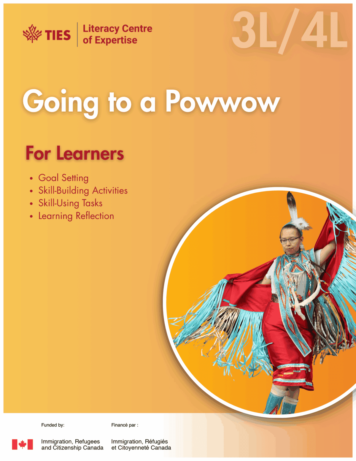 A brochure cover titled "Going to a Powwow For Learners" shows a person in colorful traditional regalia dancing. The background is yellow with red text and bullet points for goal setting, skill-building, tasks, and reflection.