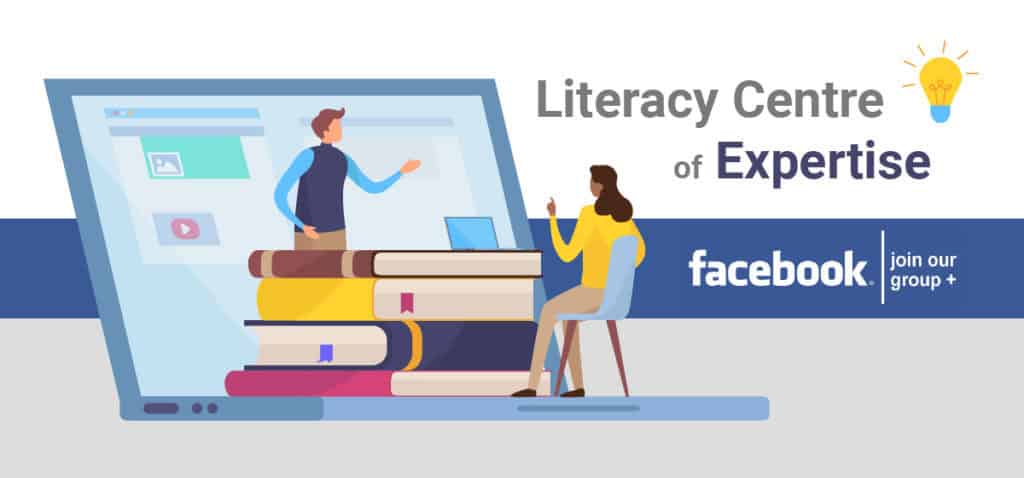 Illustration of a woman sitting on a chair beside a stack of books and a large laptop screen showing a man, with text: "Literacy Centre of Expertise" and "Facebook Group | join our group".