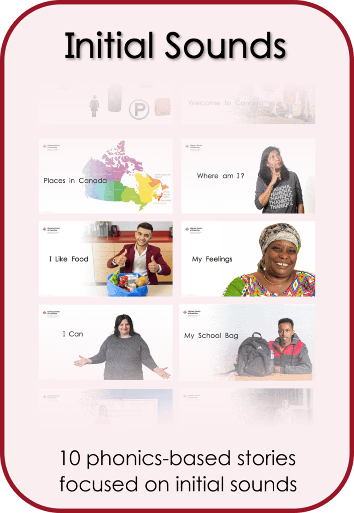 A poster titled "Initial Sounds" displays six story thumbnails with images of people and text titles, promoting 10 phonics-based Reading Skills Stories focused on initial sounds.