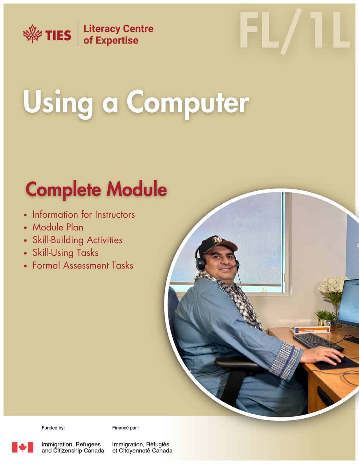 A man wearing headphones and a traditional robe sits at a desk using a computer. The background shows a window and office supplies. Text above reads "Using a Computer Complete Module" with module details.