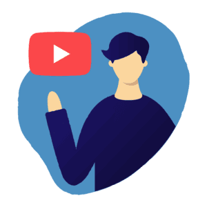 Illustration of a person with dark hair holding up a hand next to a large red YouTube play button logo, set against a blue abstract background.