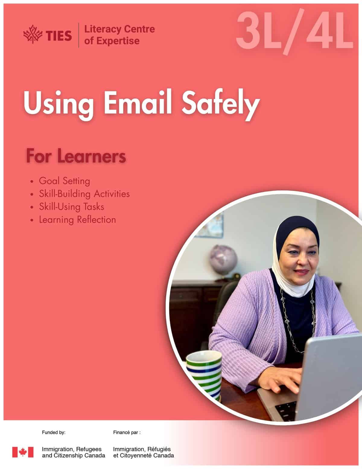 A woman in a hijab sits at a desk using a laptop. The text reads: "Using Email Safely For Learners," with bullet points and logos for TIES and Immigration, Refugees and Citizenship Canada.