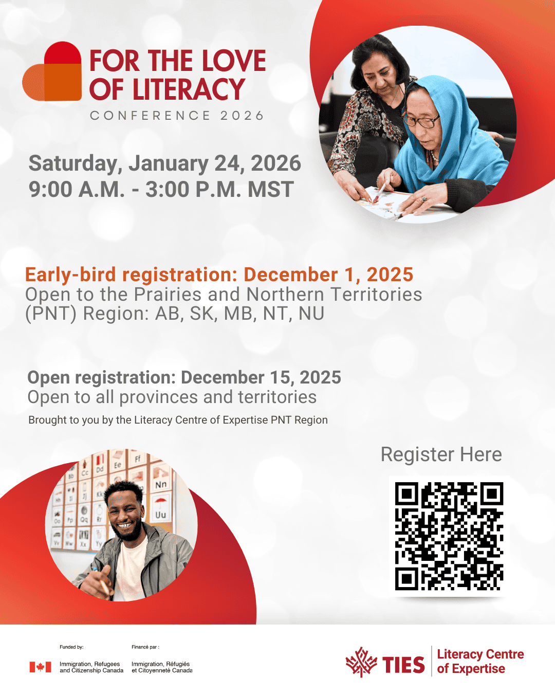Promotional poster for "For The Love of Literacy Conference 2026" featuring event details, registration dates, a QR code, and images of people reading and speaking—celebrating literacy and community. Hosted by TIES Literacy Centre of Expertise.