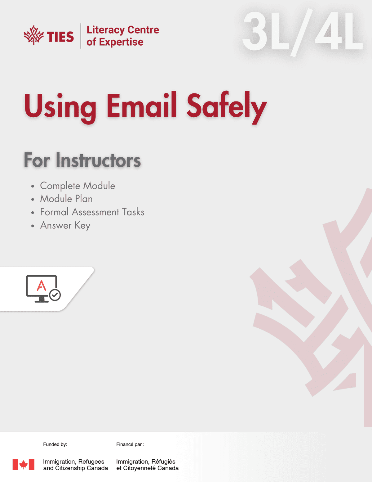 Cover page for a teaching resource titled "Using Email Safely For Instructors" with the TIES Literacy Centre of Expertise logo, 3L/4L levels, and Canadian immigration logos at the bottom.