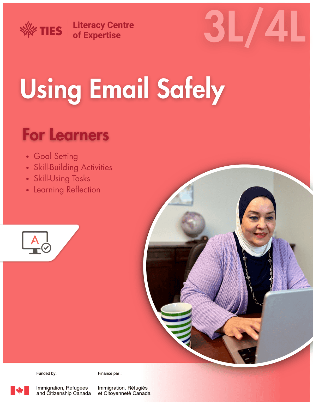A woman wearing a hijab uses a laptop at a desk. The poster, titled "Using Email Safely for Learners," lists course topics and displays logos for TIES and Immigration, Refugees and Citizenship Canada.