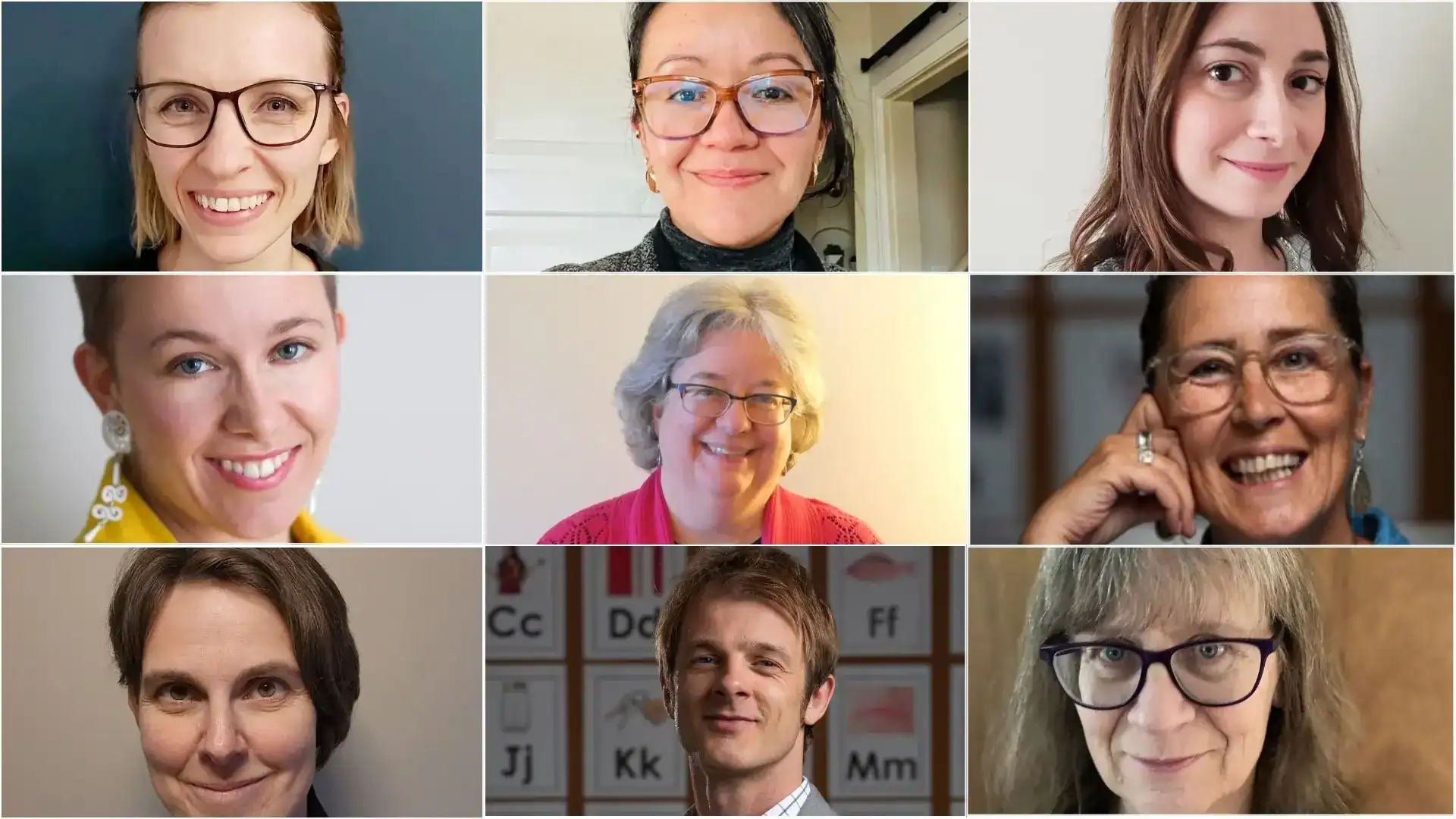 A collage of nine community members, each smiling and facing the camera in individual close-up portraits. The backgrounds vary, with some plain and others showing parts of a room or wall.