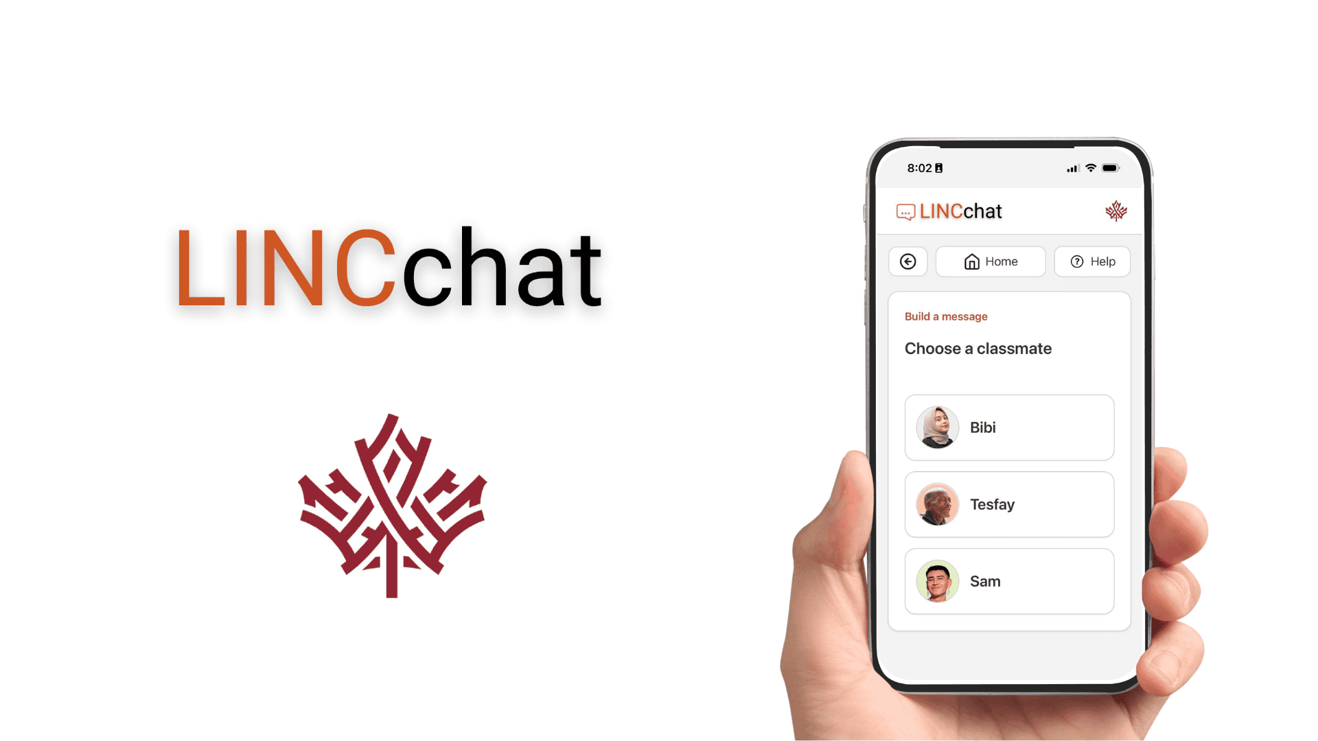 A hand holds a phone displaying the LINCchat app, showing a list of classmates: Bibi, Testay, and Sam. To the left, "LINCchat" text and a red maple leaf logo are shown on a white background.