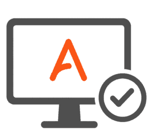 A computer monitor icon displaying a large orange letter "A" with a check mark inside a circle overlapping the screen’s bottom right corner.