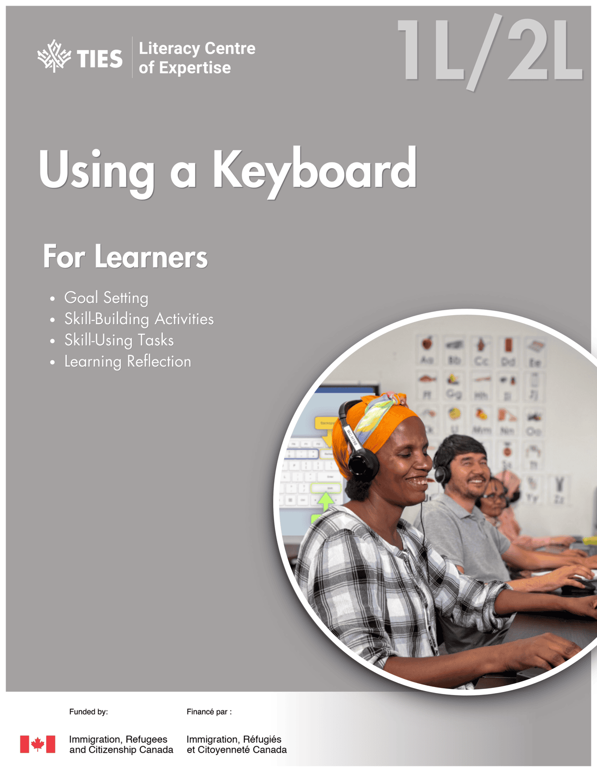 A group of adults in a classroom smiles while using desktop computers. The text reads “Using a Keyboard: For Learners,” listing goals like skill-building activities and learning reflection.